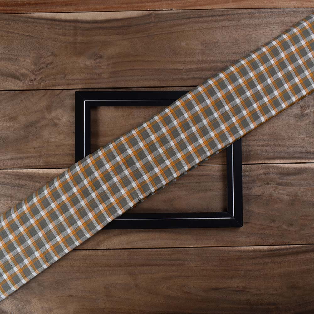 Check Grey & Yellow Pure Cotton 93 GSM Handwoven Fabric