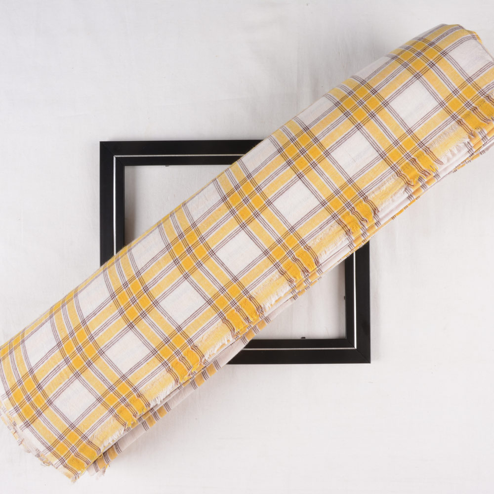 Check Yellow & White Pure Cotton 97 GSM Handwoven Fabric
