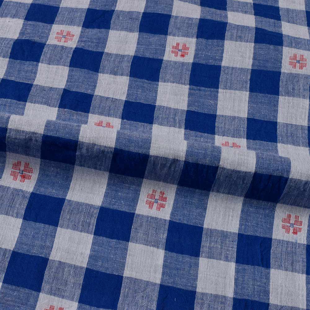 GEOMETRIC CHECK BLUE WHITE JAMDANI PURE COTTON 68 GSM HANDWOVEN FABRIC