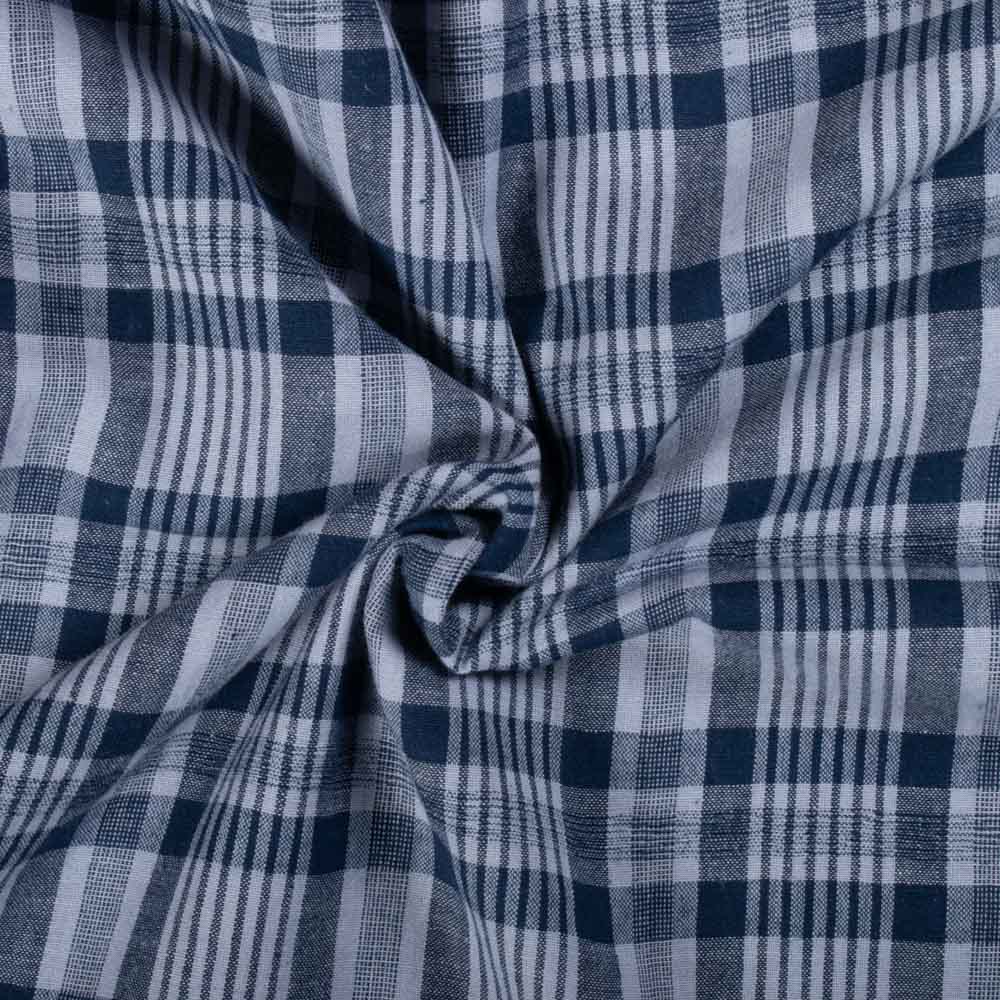 Navy Blue & White Check Pure Cotton 100 GSM Handwoven Fabric 774