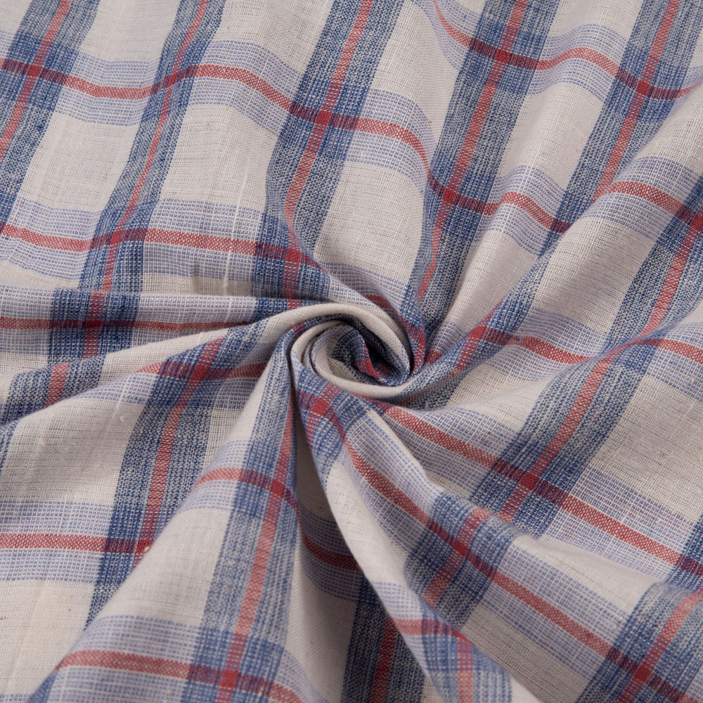 Check White Blue & Red Khadi Cotton 100 GSM Handwoven Fabric