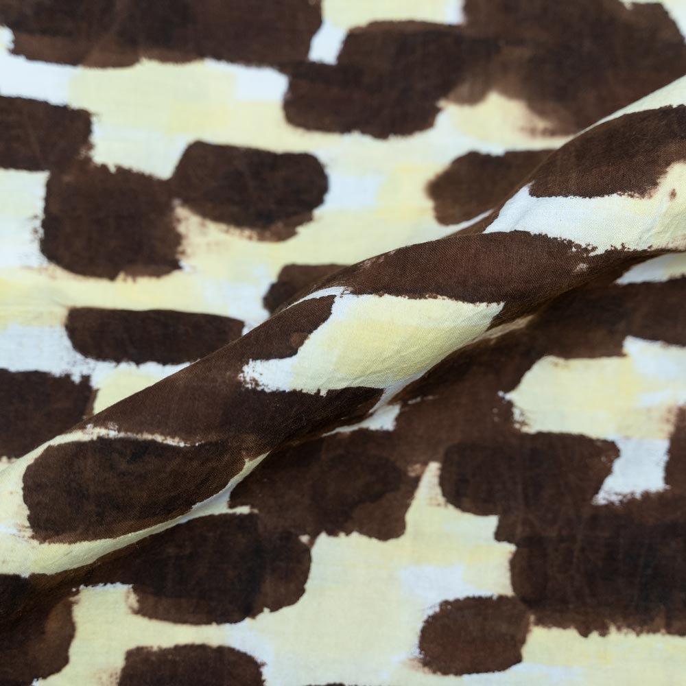 Abstract Brown & Yellow Screenprinted Pure Cotton 135 GSM Handwoven Fabric