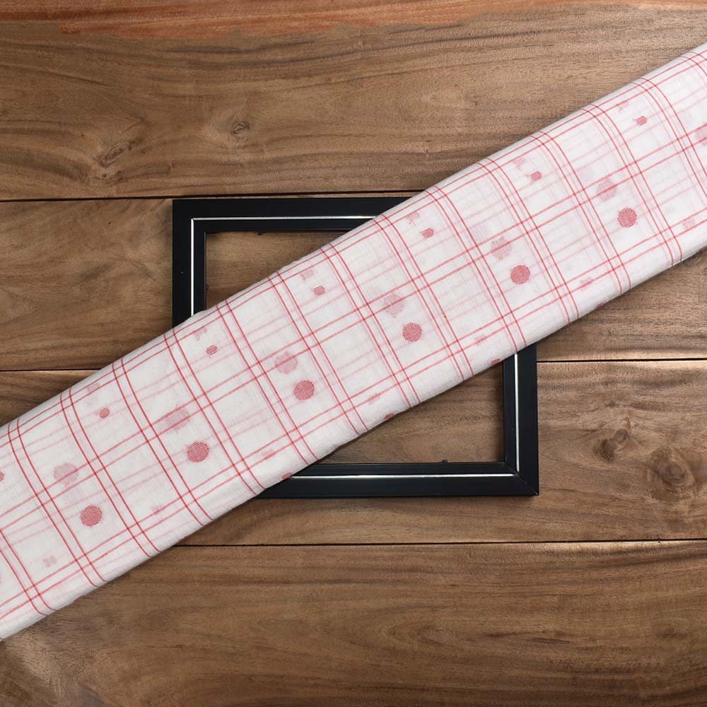 Check White Red Jamdani Pure Cotton 65 GSM Handwoven Fabric