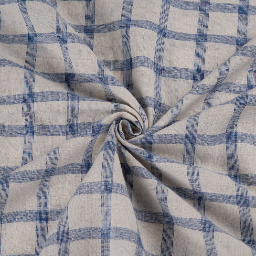Check Cream & Blue Pure Cotton 93 GSM Handwoven Fabric