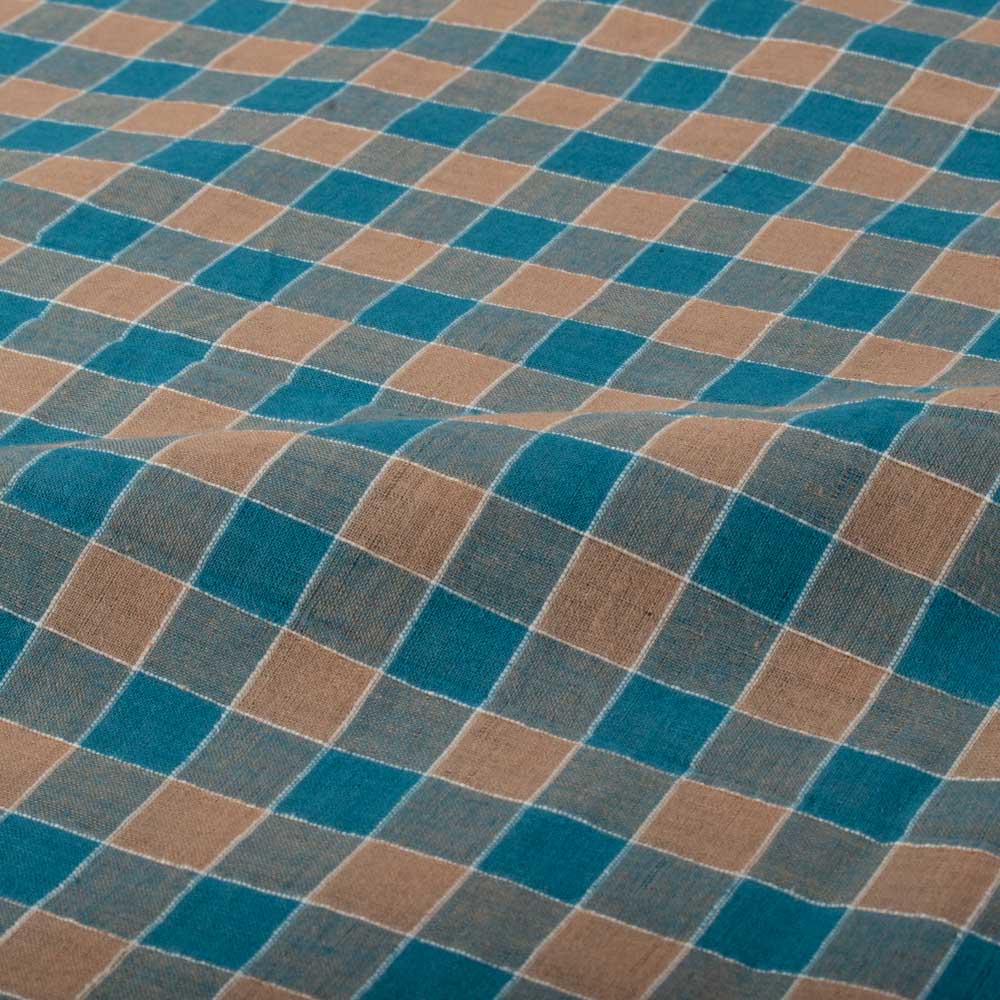 Brown & Turquise Check 70 GSM Pure Cotton Handwoven Fabric