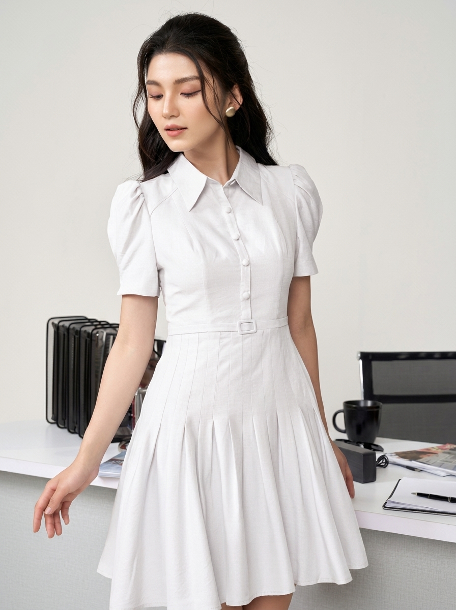 Pleated Polo Neck Dress With Top Gathered Sleeves