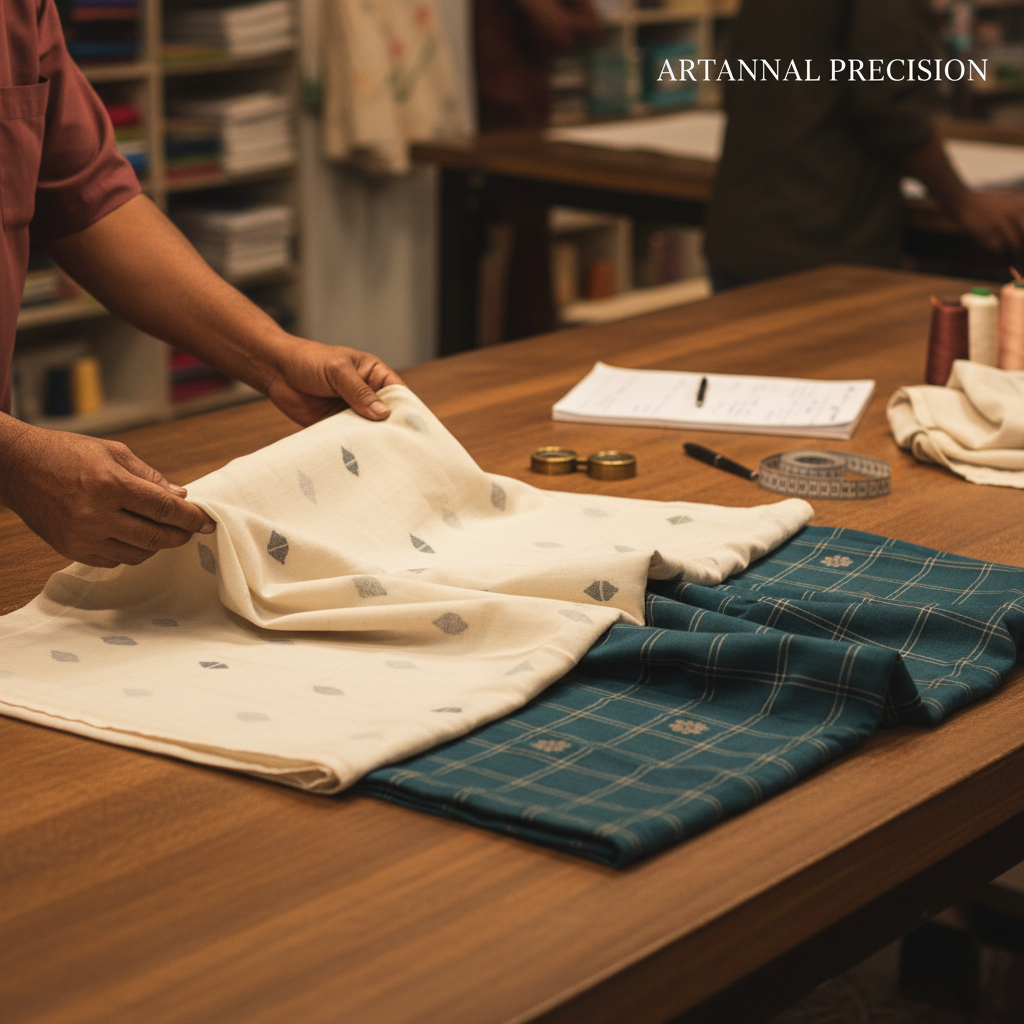 A professional designer evaluating different jamdani fabric types for a new sustainable fashion collection