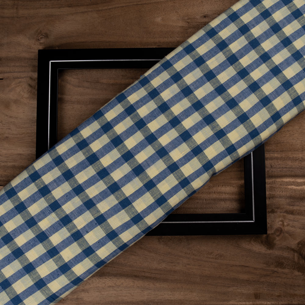 Check Off White & Blue Khadi Cotton 105 GSM Handwoven Fabric