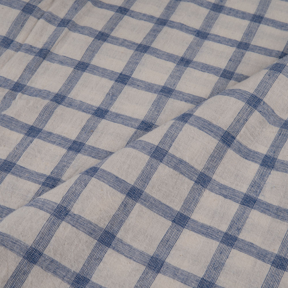 CHECK CREAM & BLUE PURE COTTON 93 GSM HANDWOVEN FABRIC