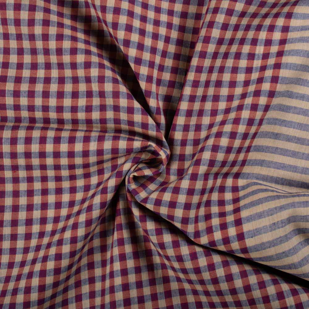 Beige Red Blue Check Pure Cotton 60 GSM Handwoven Fabric