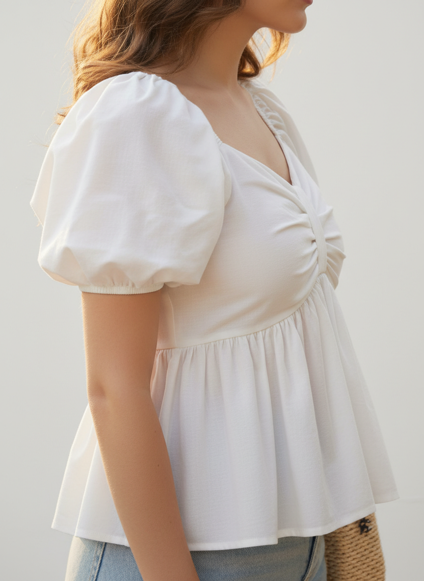 Sweetheart Neck Gathered Sleeve Peplum Top