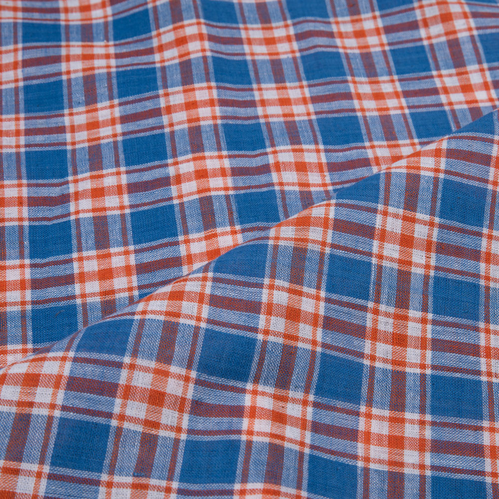 CHECK BLUE & ORANGE PURE COTTON 96 GSM HANDWOVEN FABRIC