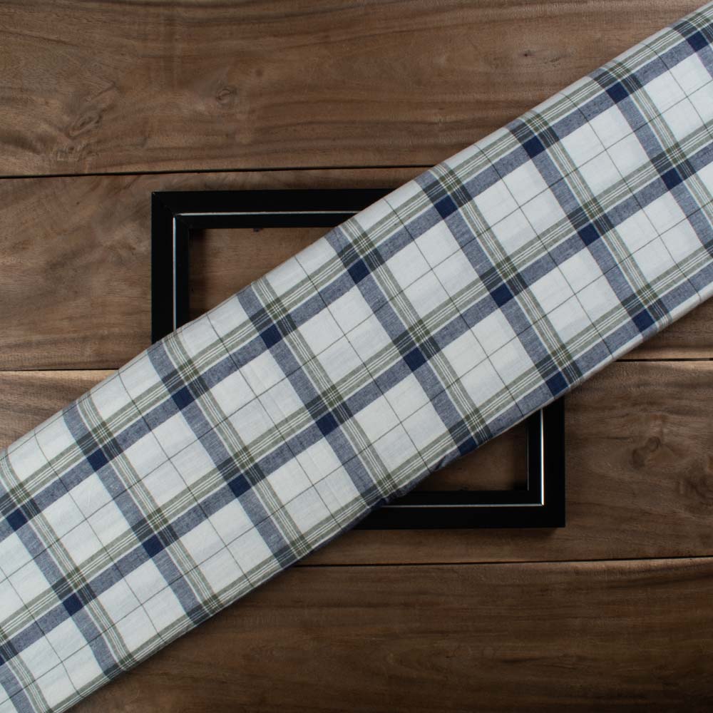 Check White Blue Grey 100 GSM Pure Cotton Handwoven Fabric
