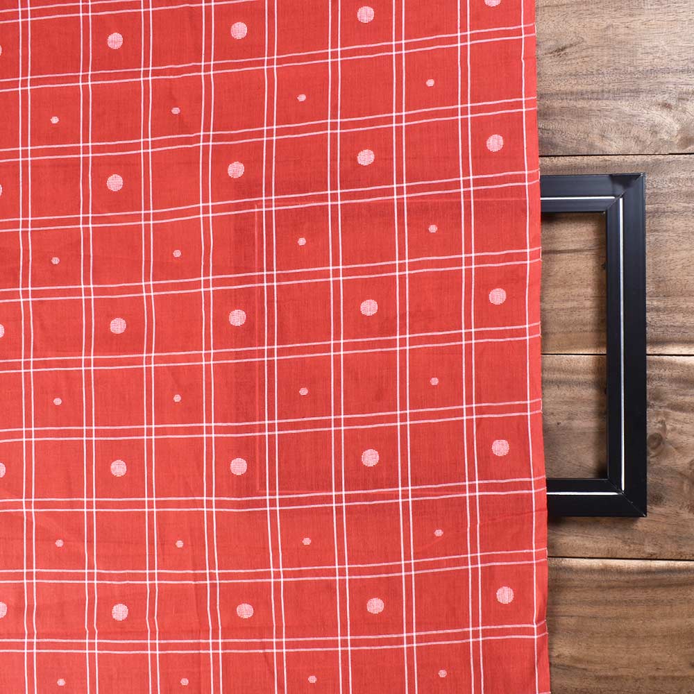 CHECK RED & WHITE GEOMETRIC JAMDANI PURE COTTON 58 GSM HANDWOVEN FABRIC