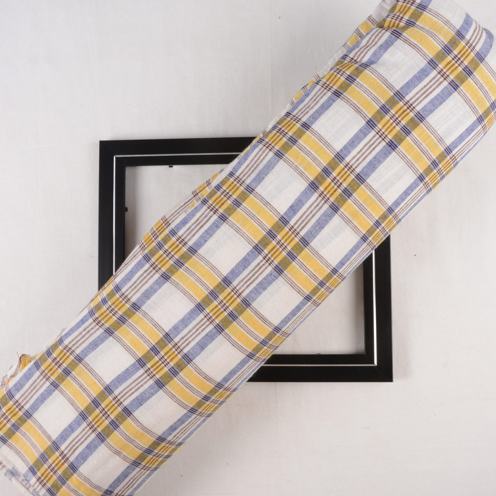 Check Blue Yellow Pure Cotton 98 GSM Handwoven Fabric